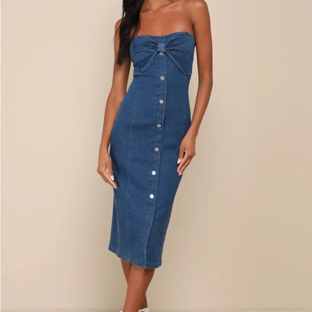 Lulus Utter Perfection Dark Wash Denim Strapless Bow Midi Dress - Picture 1 of 7